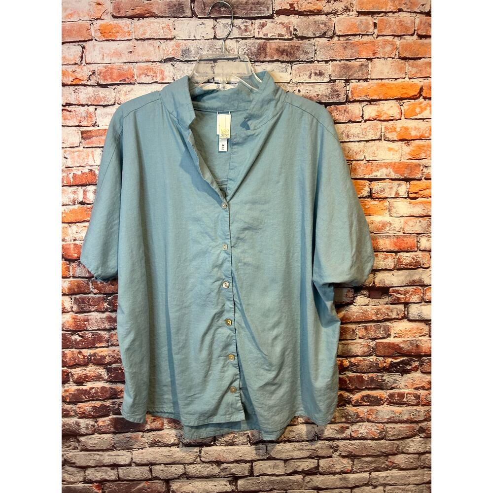 Wynne Layers linen short sleeve top shirt lapel collar blue women's size 3x